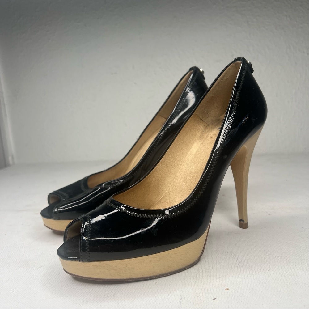 Stuart Weitzman Black and Tan Peep-Toe Heels